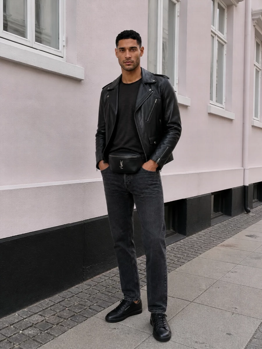 Saint Laurent’s biker sits over a featherweight striped tee and washed charcoal denim for a tight, nocturnal palette that still feels easy in warm weather. Black leather sneakers and a sharp belt bag keep the energy grounded in modern streetwear while staying firmly in quiet luxury territory.