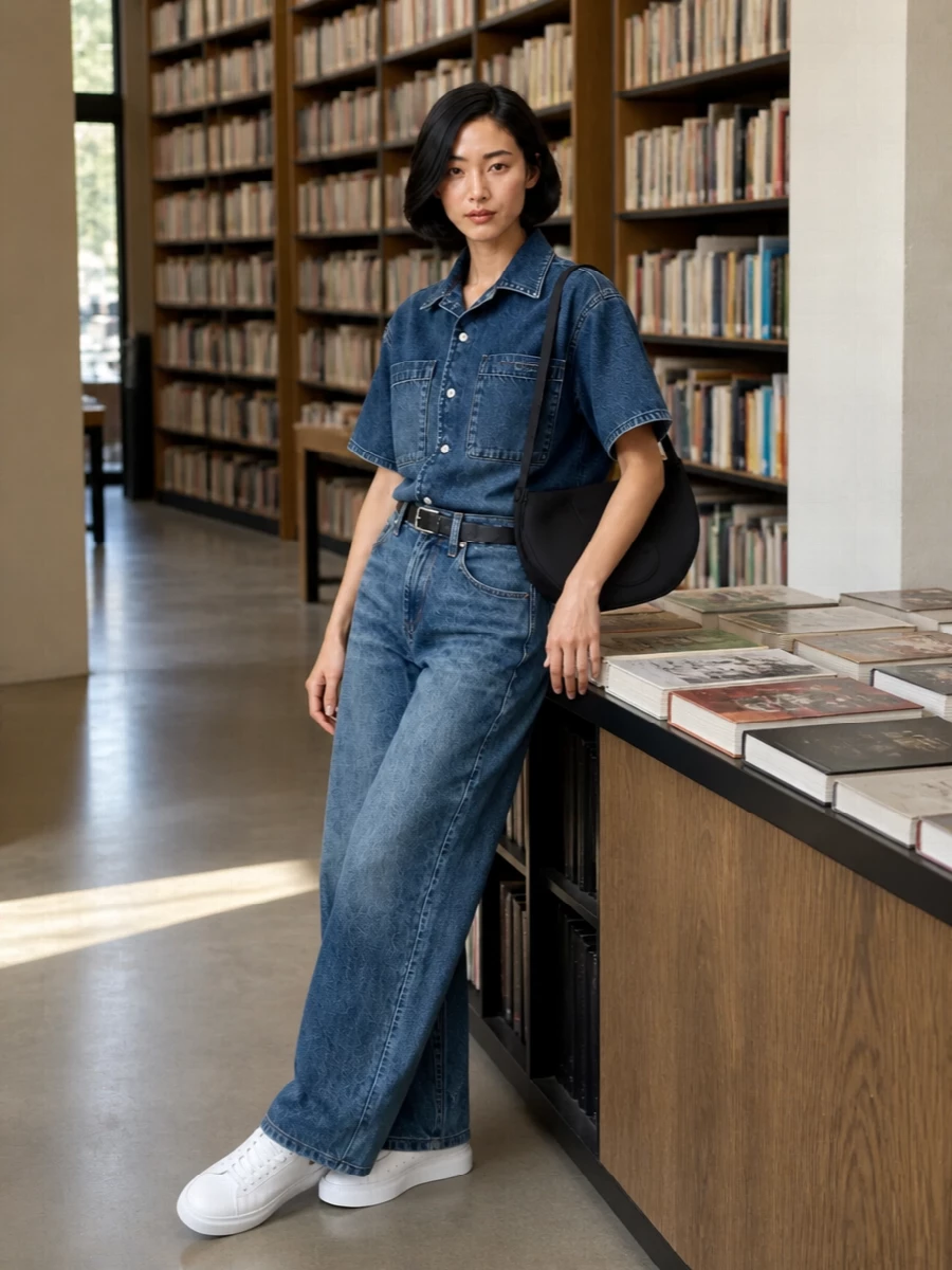 Alexander wang denim shirt wide leg jeans outfit