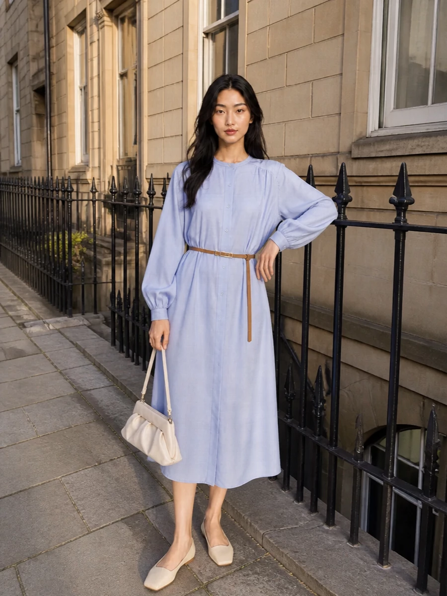 Loulou studio blue shirt dress cream flats