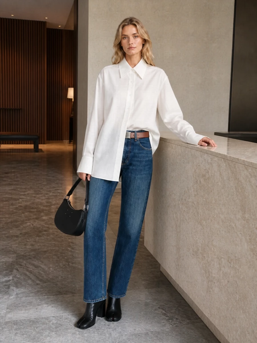 Indigo Margiela denim is sharpened with an oversized white shirt for a clean, almost borrowed-from-the-boys line. Black split-toe boots and a compact crescent bag keep everything grounded and precise, while the silver-plaque belt adds a single, graphic note at the waist. The result is relaxed, intelligent streetwear that reads considered rather than styled.
