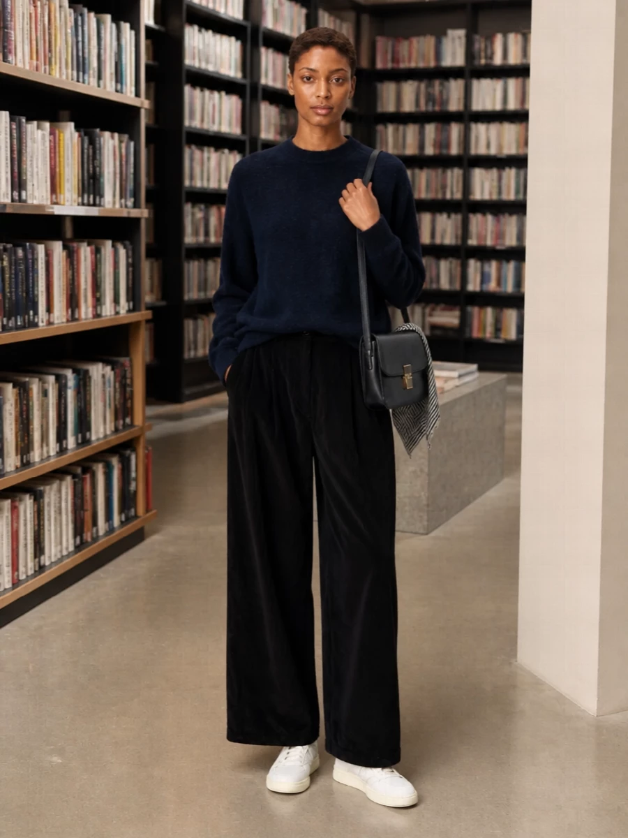 Frankie shop navy sweatshirt black cord trousers