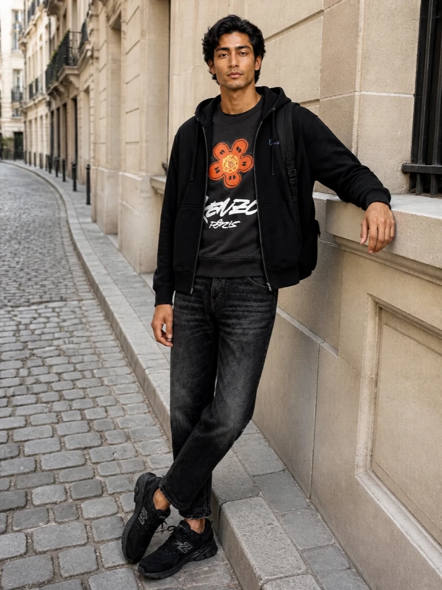 Kenzo hoodie black jeans new balance outfit