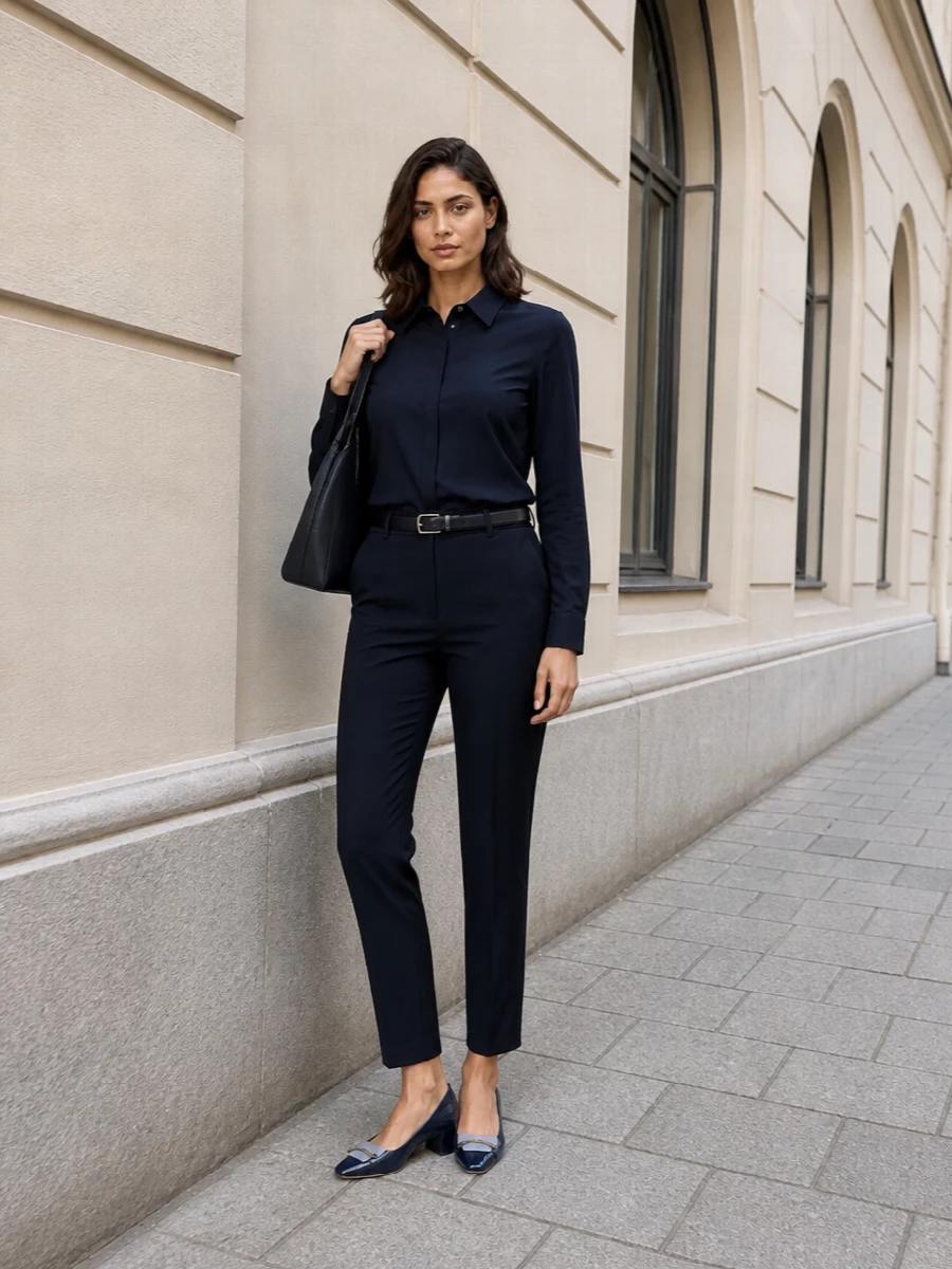 Deep navy tailoring runs head to toe here, creating a long, clean column that feels quietly decisive for serious days. The matching shirt and trouser read almost like a soft suit, with the structured bag and mid-heel pump sharpening the attitude. A slim black belt and discreet hardware keep the finish minimal rather than glossy, so the focus stays on proportion and cut.