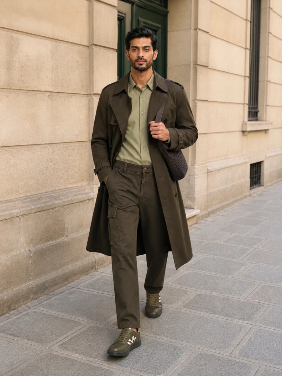 Burberry trench cargo pants olive outfit