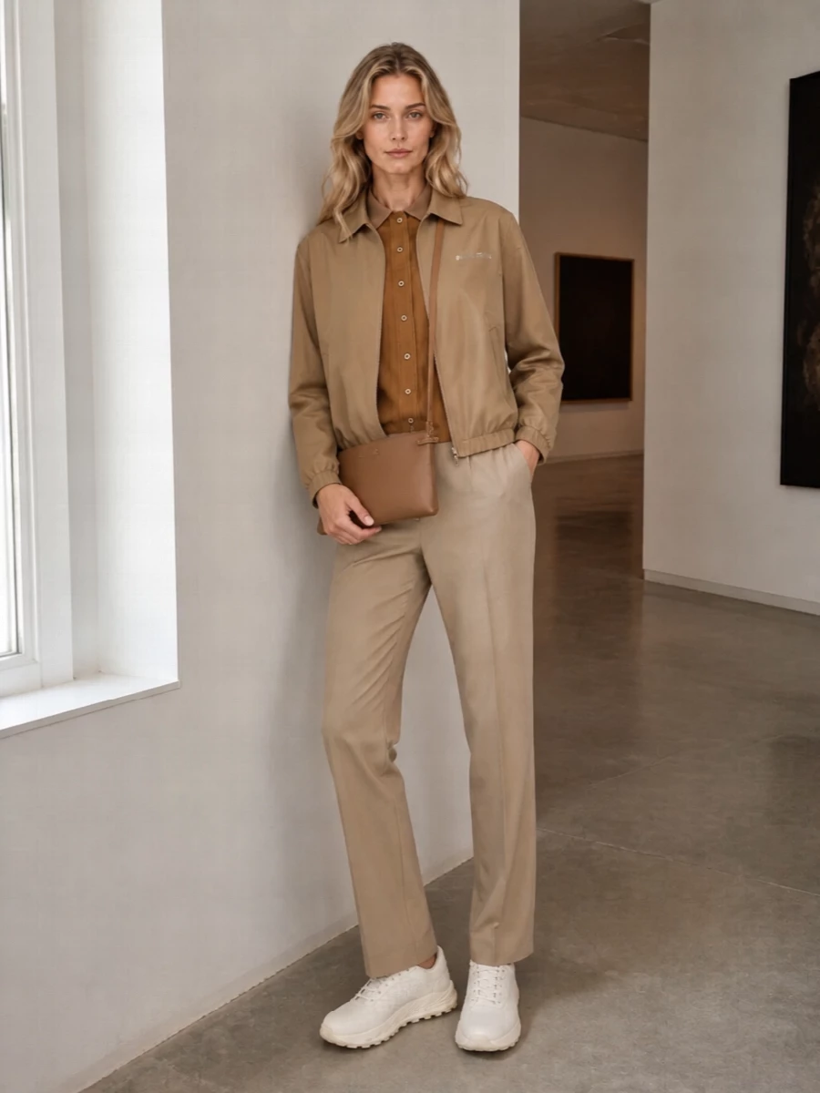 Miu miu camel blouson beige trousers outfit