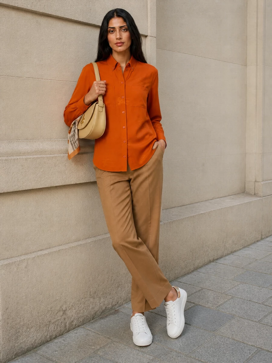 Burberry burnt orange shirt camel trousers outfit