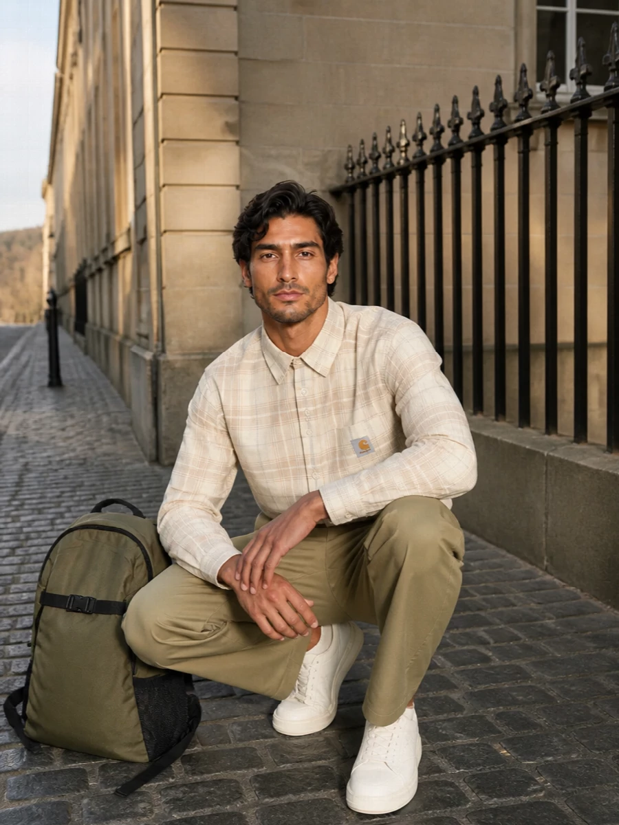 Carhartt khaki chinos cream plaid shirt outfit