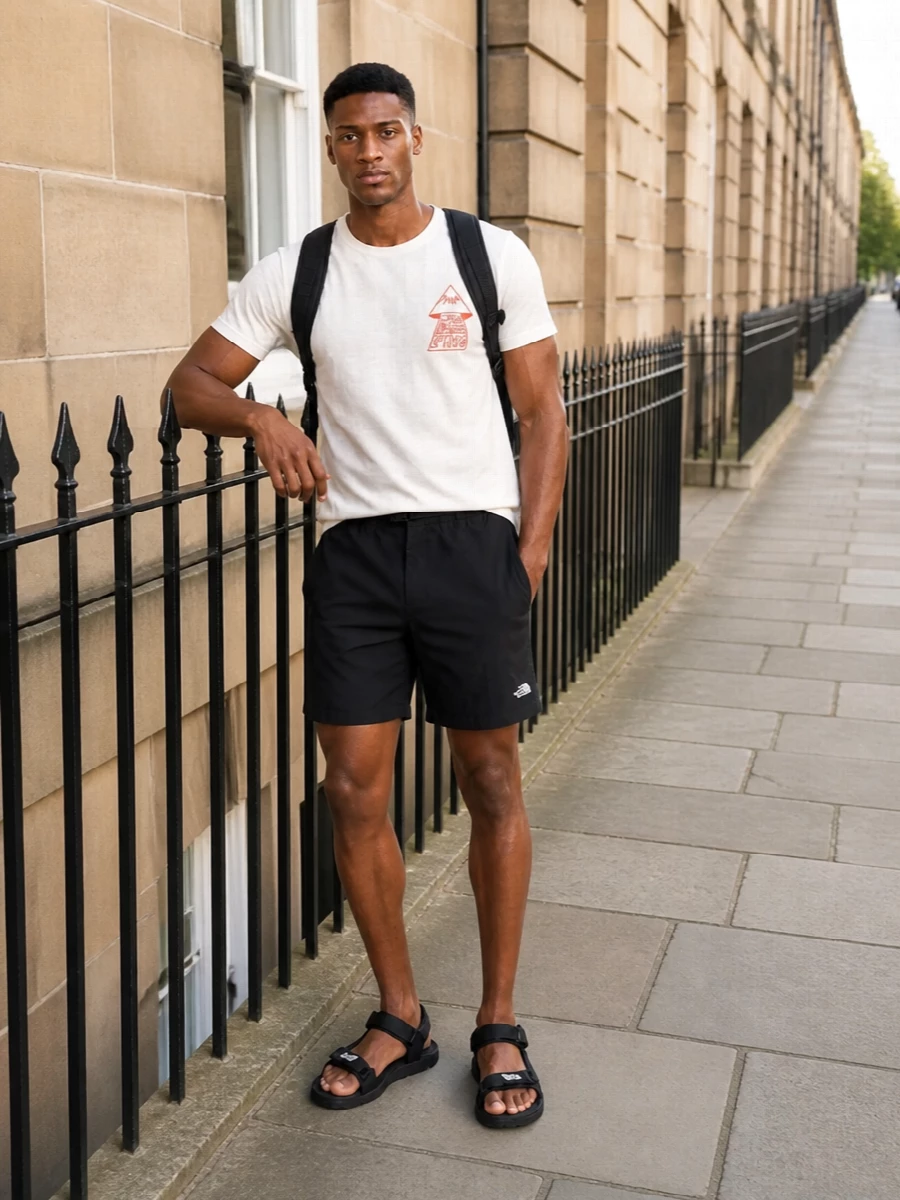 An off-white graphic tee sits against clean black technical shorts to create a simple, logo-led base that feels ready for streets or light trails. All-black sport sandals and a compact backpack keep the line fast and functional, so the graphic on the tee stays the quiet focal point. The result is a crisp, warm-weather uniform that feels outdoorsy without trying too hard.
