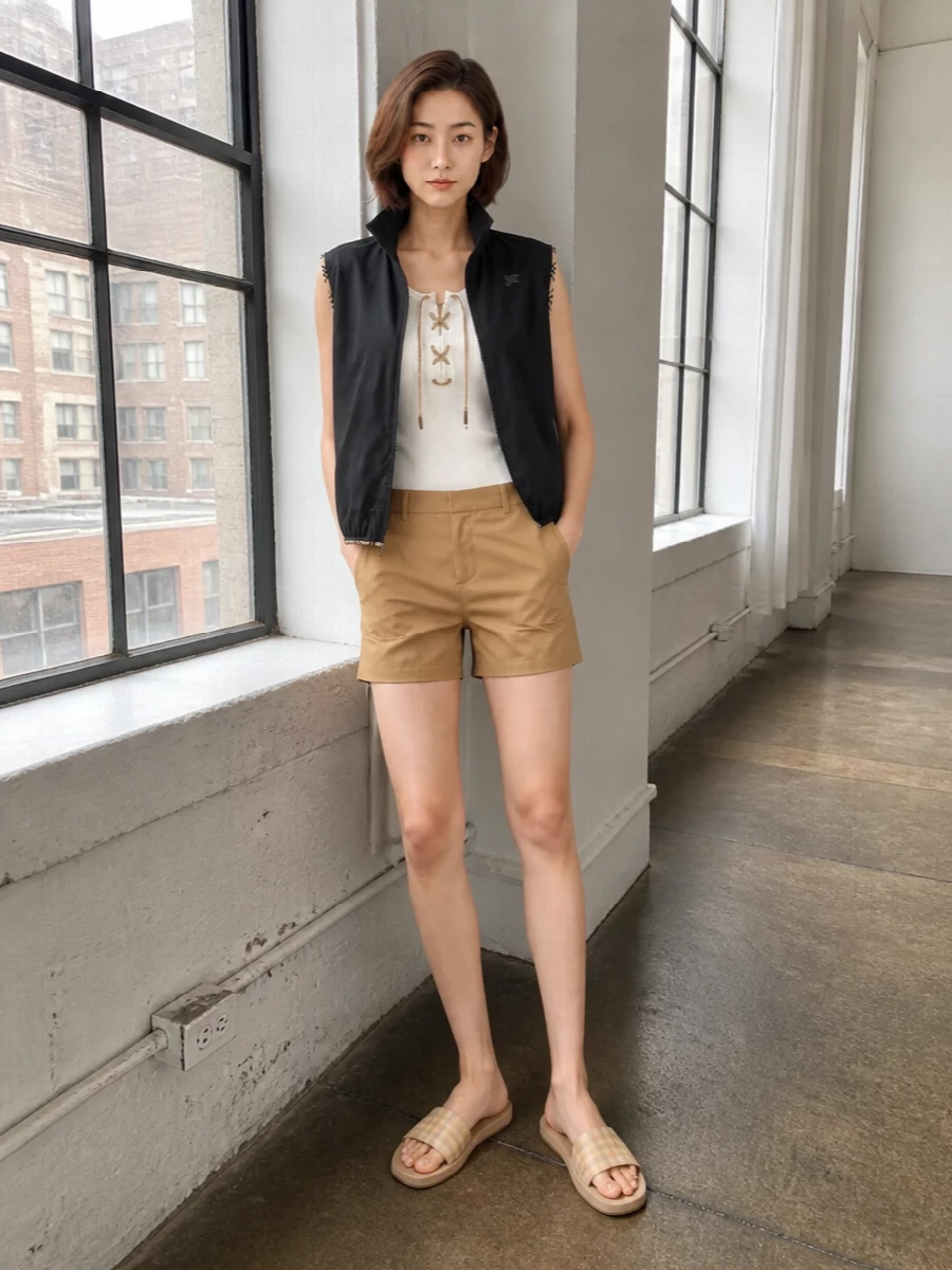 Burberry gilet camel shorts check slides