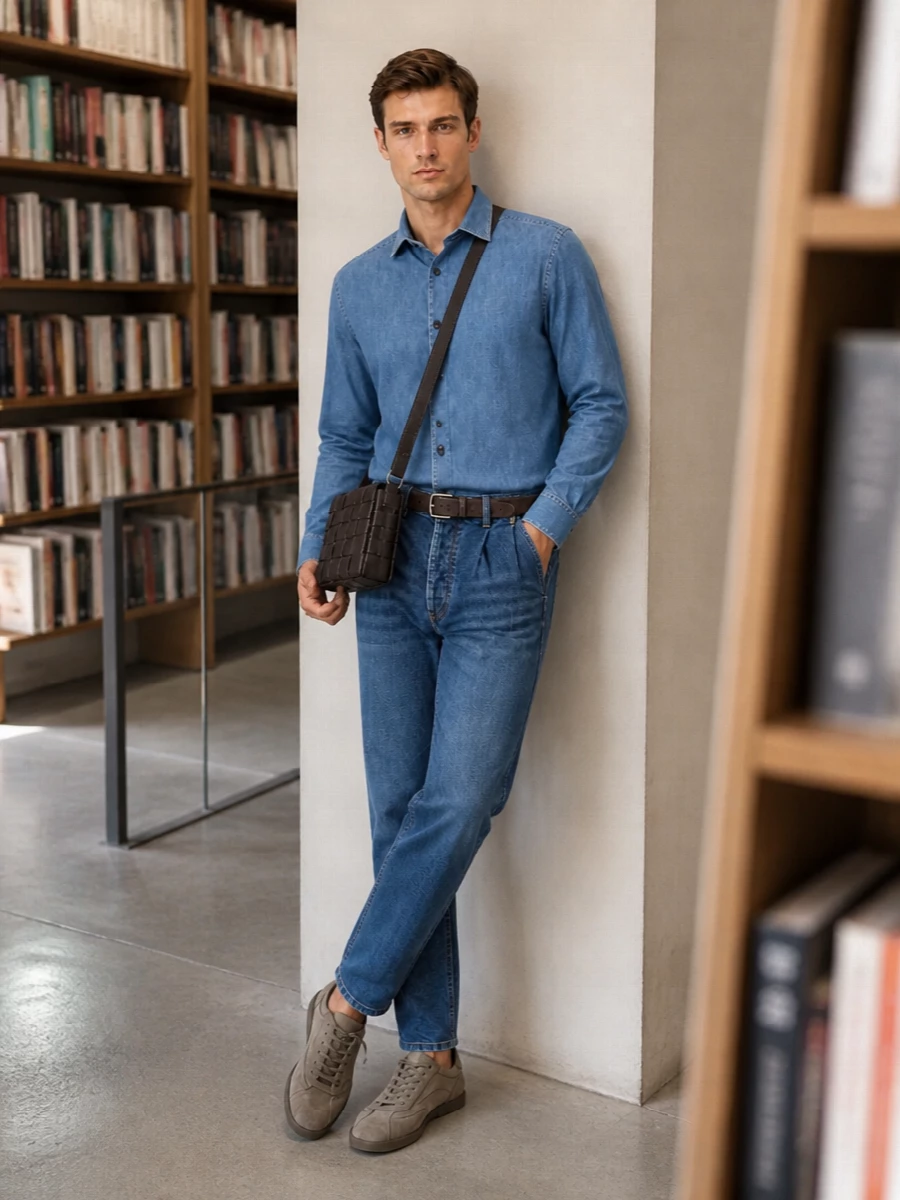 Brunello cucinelli denim shirt pleated jeans outfit