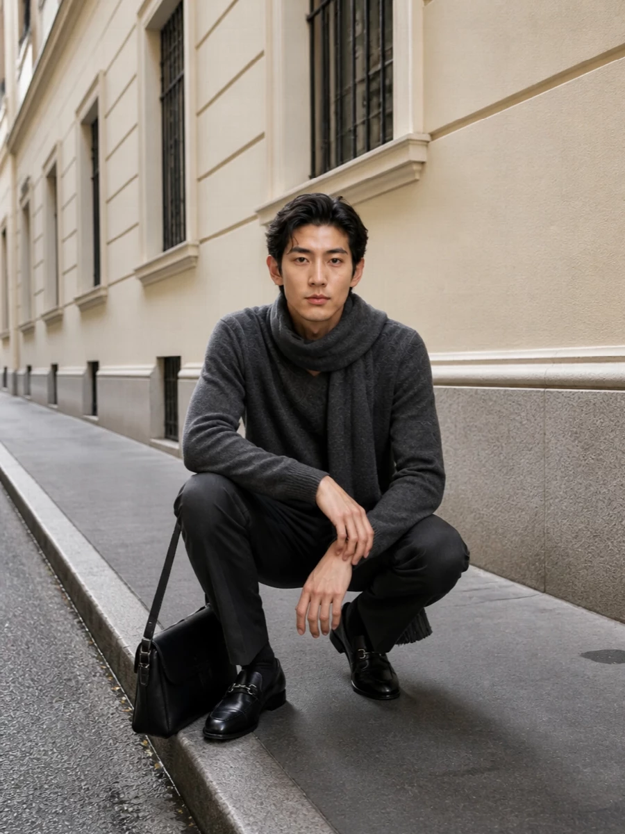 Charcoal on charcoal creates a disciplined, almost tonal column, with the V-neck knit softening the precision of the slim tailored trouser. Black loafers and a structured shoulder bag keep it firmly in the smart city lane, while the scarf adds just enough texture for colder days. It is a quietly assertive uniform for days that move from office to dinner without a change.