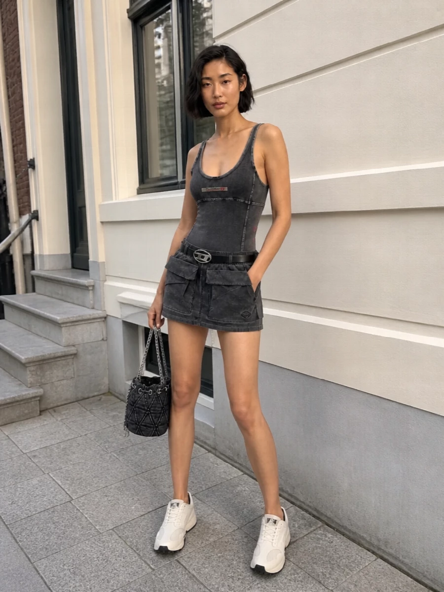 Diesel charcoal mini skirt outfit sneakers