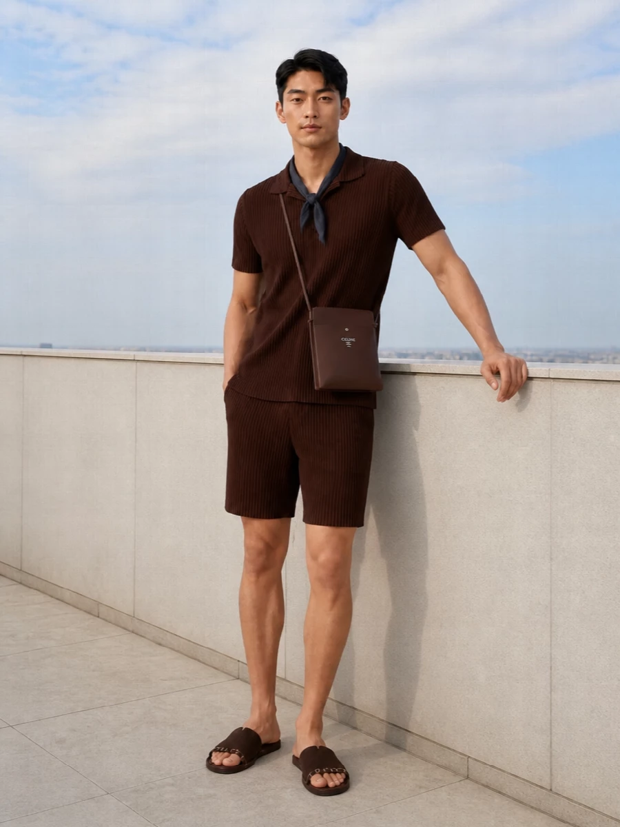 Head-to-toe chocolate pleats create a calm, sculptural set that feels considered without trying, the polo sharpening the shorts into something city ready. Rich brown suede slides keep the mood grounded and relaxed, while the slim Celine crossbody and a hint of inky navy at the neck add quiet structure and depth without disturbing the clean vertical lines.