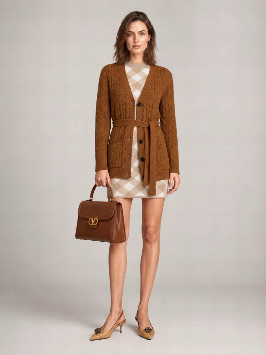 Valentino Garavani Cashmere Cable-Knit Belted V-Neck Cardigan