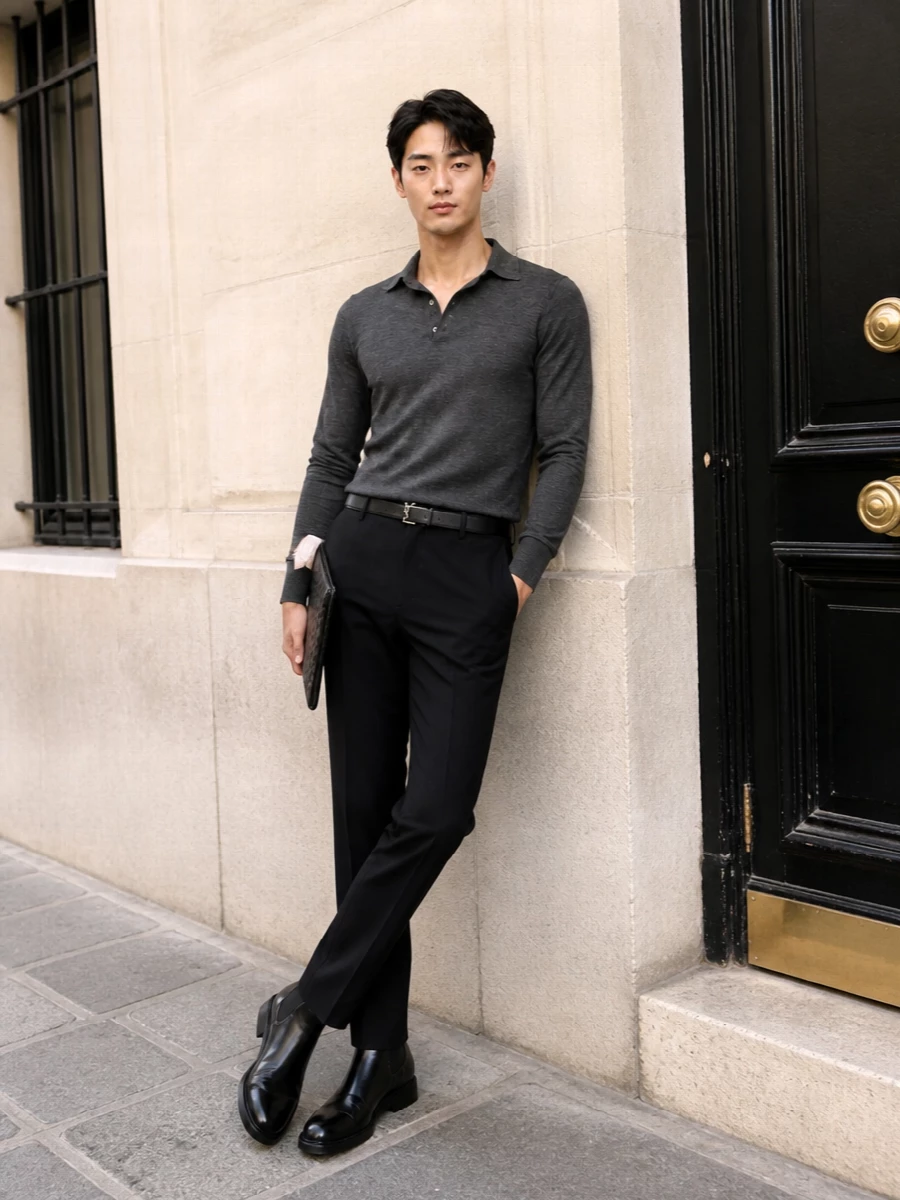 This look leans into a monochrome FW uniform: the charcoal knit polo sits cleanly over slim black tailored trousers for a disciplined, quietly luxurious line. Sleek black Chelsea boots sharpen the silhouette, while the intrecciato portfolio and minimal belt add just enough structure and texture to keep the outfit refined but unfussy for office-to-dinner dressing.