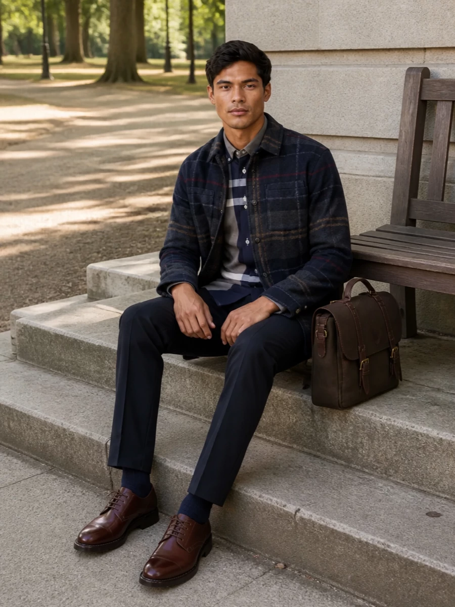 Barbour overshirt navy trousers paraboot shoes