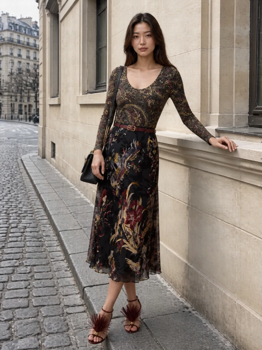 Etro paisley midi skirt romantic evening styling