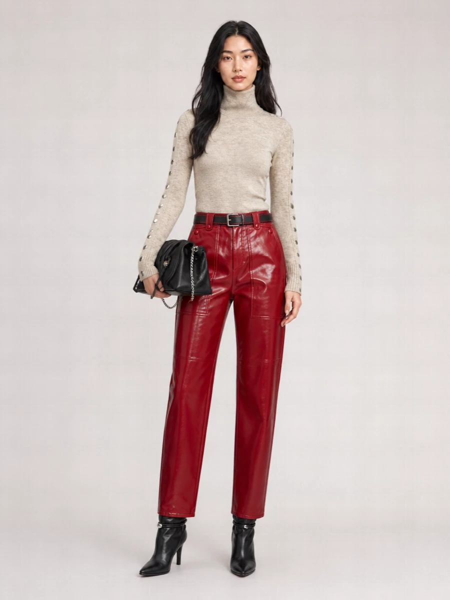Glossy cherry red leather meets a slim, heathered turtleneck for a winter outfit that feels confident but measured, all about that high-waisted line. Black stiletto boots and a softly ruched clutch keep the mood sharp and pared back, while the stitched belt quietly repeats the red to pull everything together. It is city-ready tailoring with a precise hit of shine rather than head-to-toe statement.