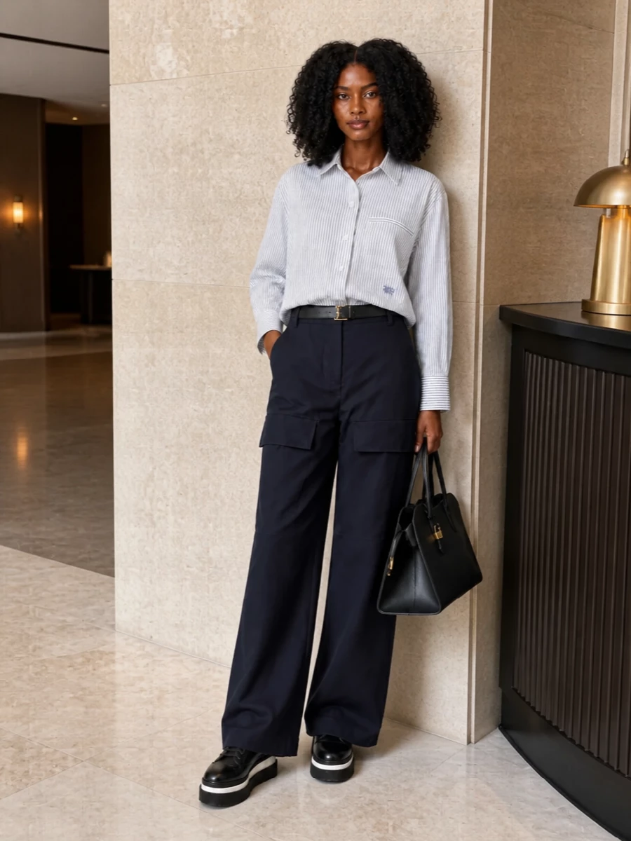 Stella mccartney navy cargo trousers striped shirt