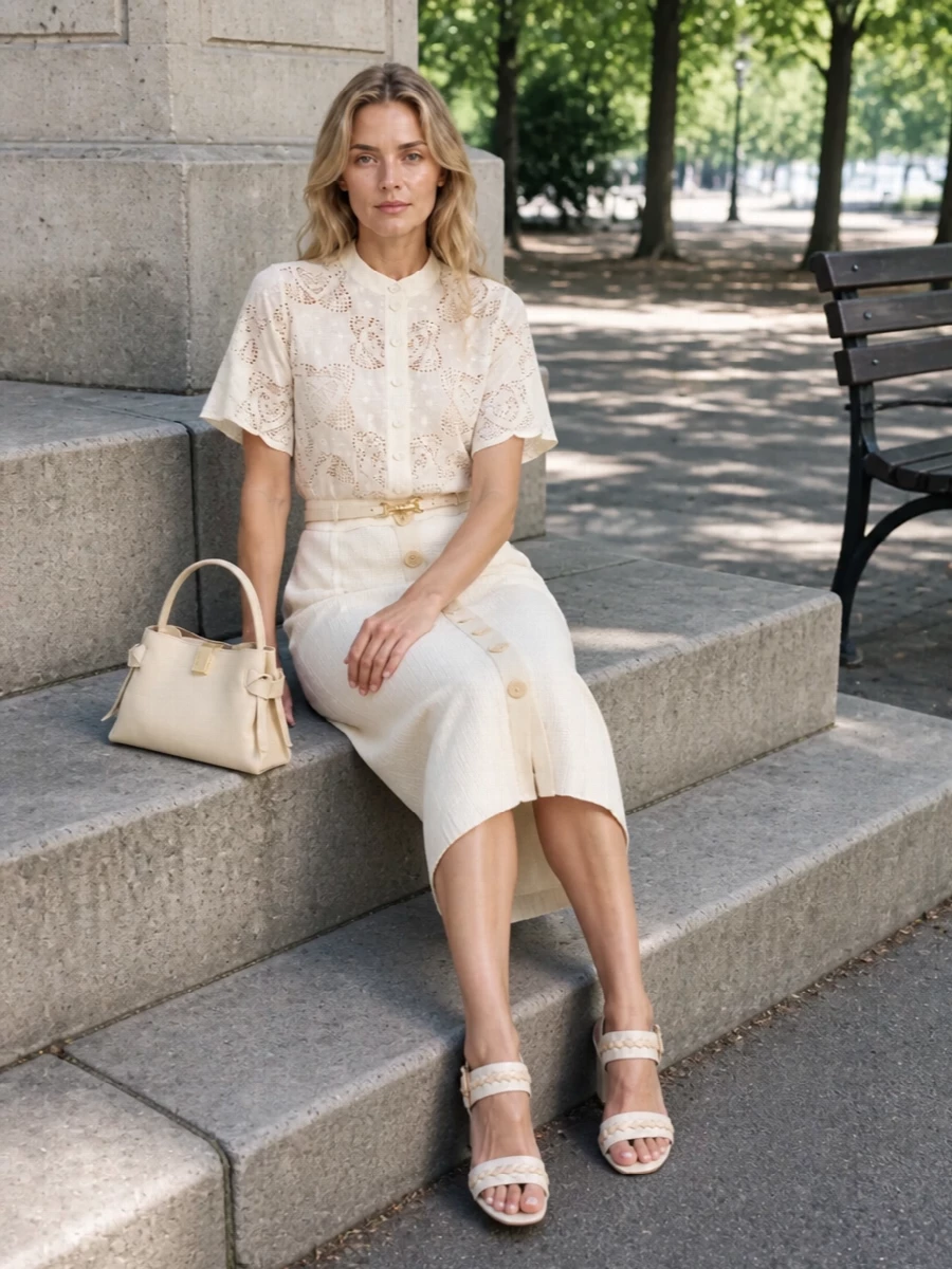 Zimmermann cream knit skirt ivory lace blouse outfit