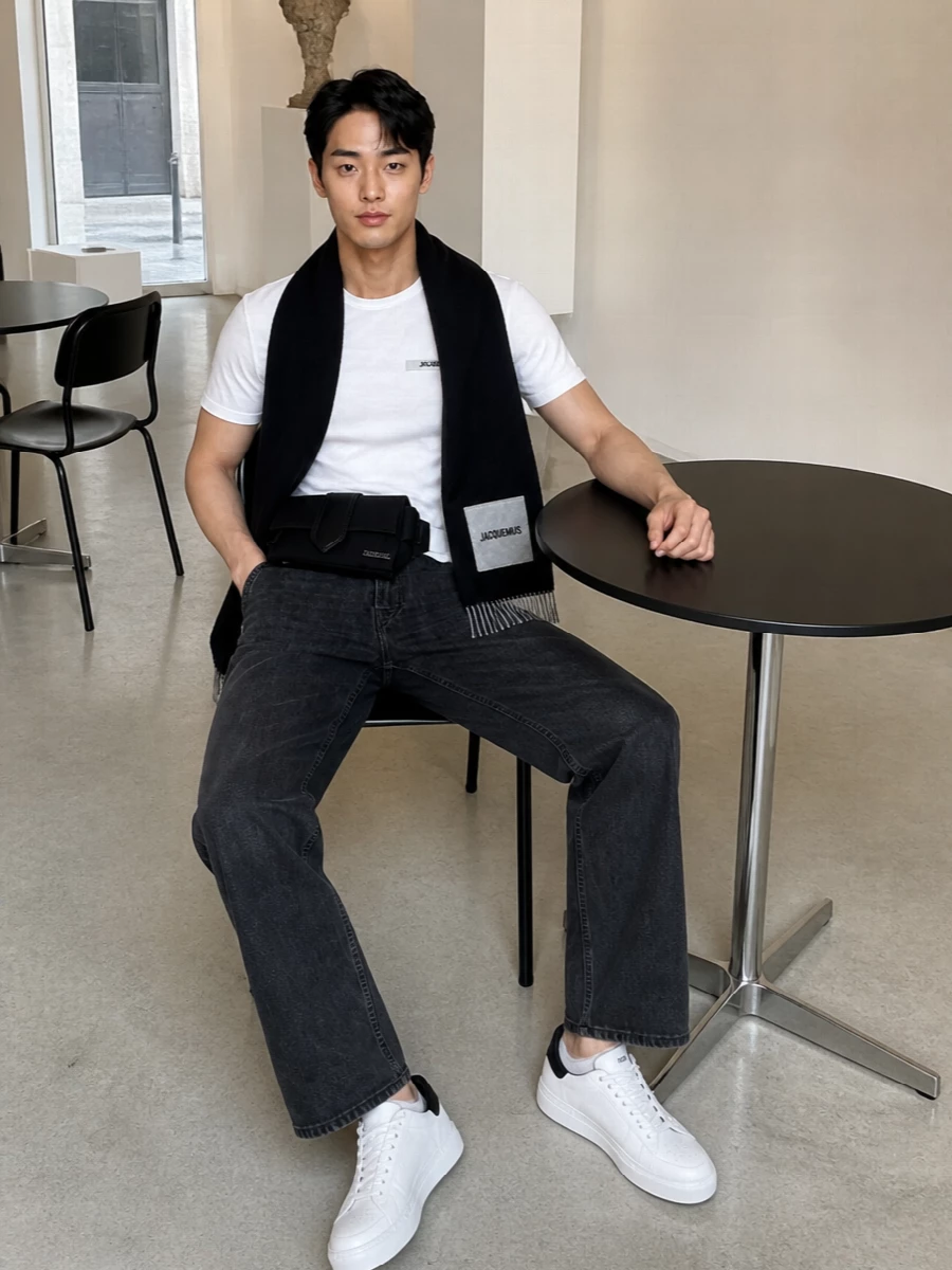 A crisp white Jacquemus tee sits against high-waisted washed-black denim for a clean, monochrome base that feels precise but relaxed. White low-top sneakers with a black heel tab echo the tee-and-jean contrast, while a black belt bag and logo scarf keep everything close to the body and quietly branded. The result is a focused Parisian street uniform that reads minimal, modern and ready for cool-city days.