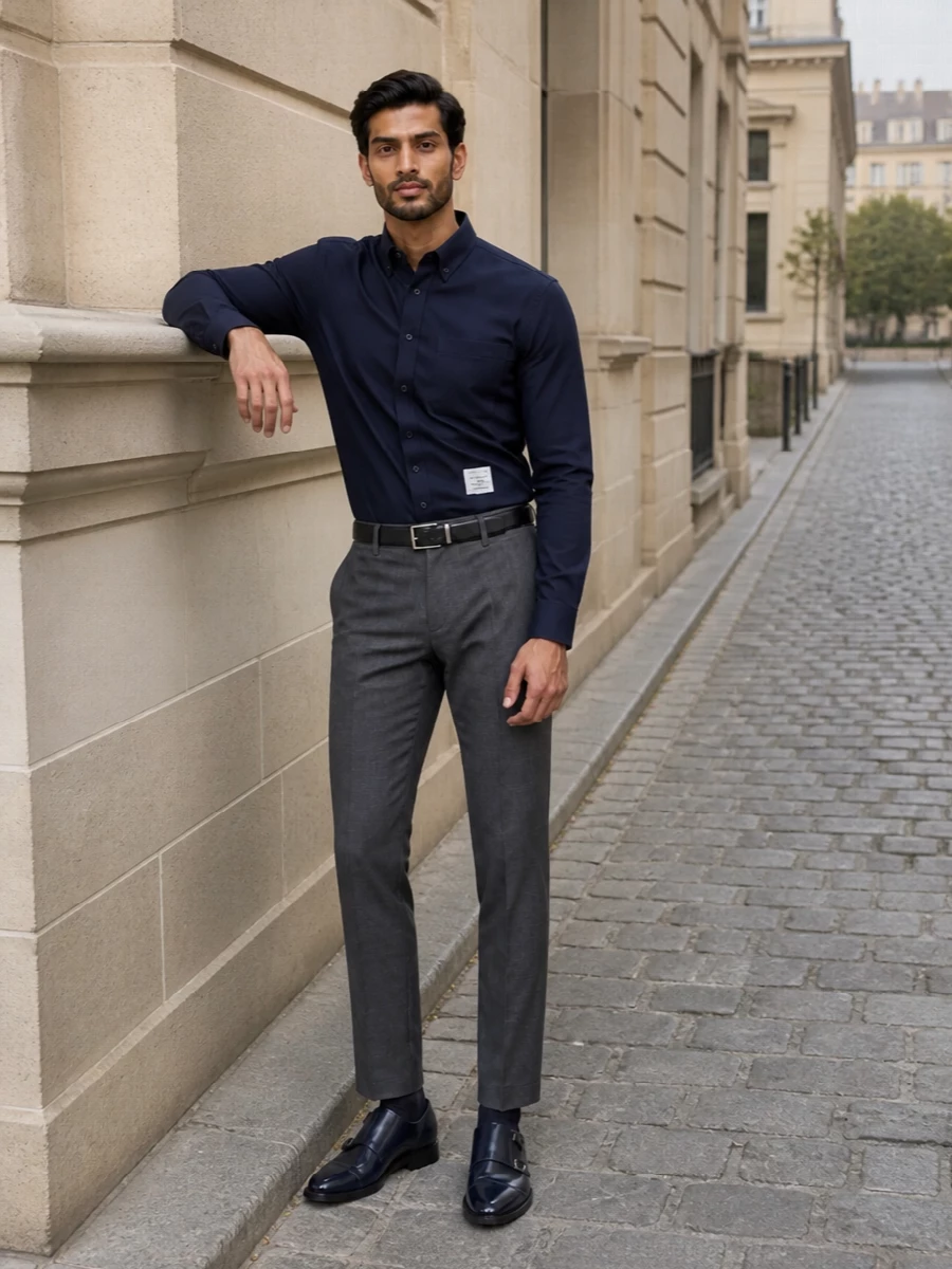 Thom browne navy shirt charcoal trousers outfit
