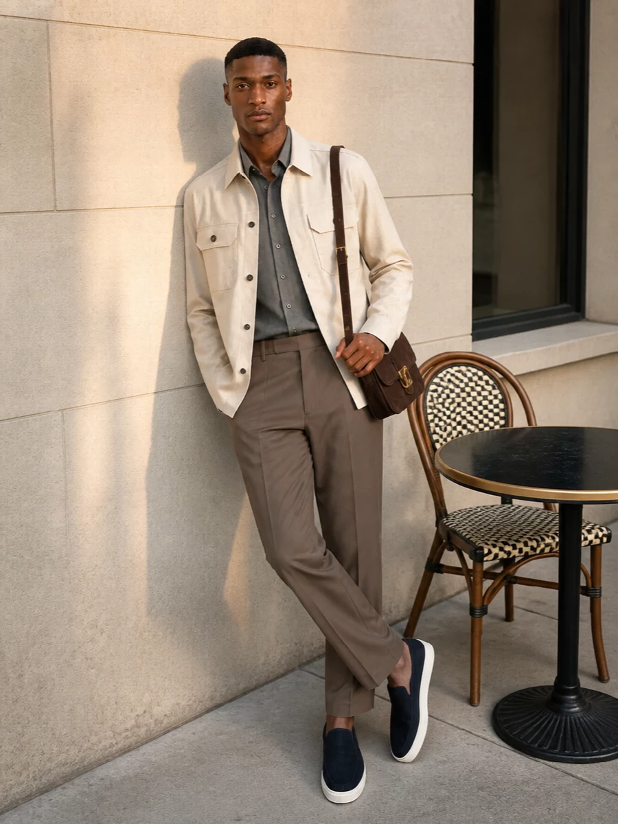 Zegna’s light-beige shirt jacket sits over a muted charcoal-olive Giorgio Armani shirt and taupe tailored trousers, creating a soft gradient of neutrals that feels calm and intentional. Navy suede loafers and a chocolate suede shoulder bag deepen the palette without noise, keeping the whole outfit firmly in quiet-luxury territory. It is an easy warm-weather city uniform for someone who prefers polish to logos.