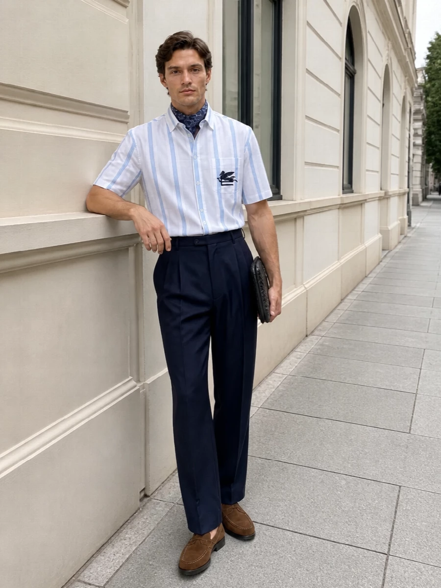 Etro striped shirt navy trousers tods loafers