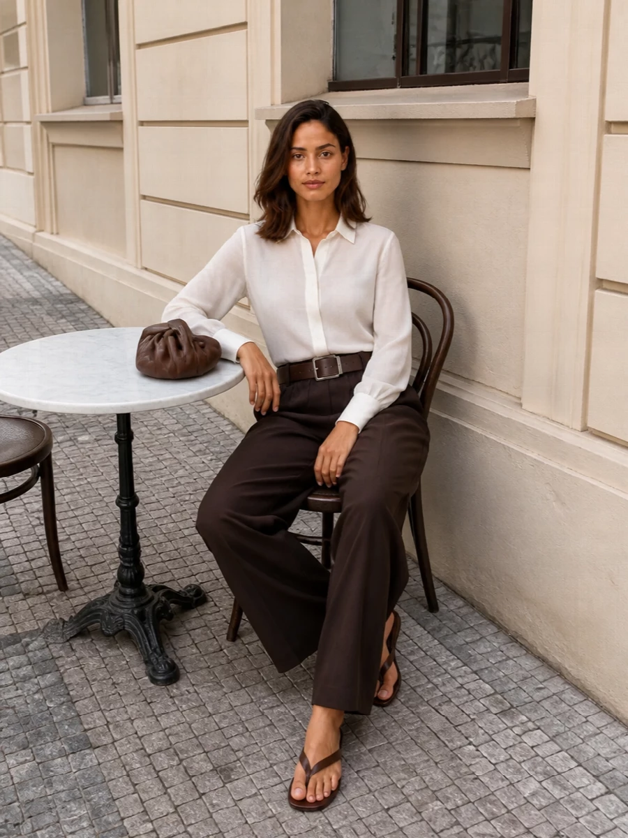 Parosh brown wide leg pants sheer white shirt