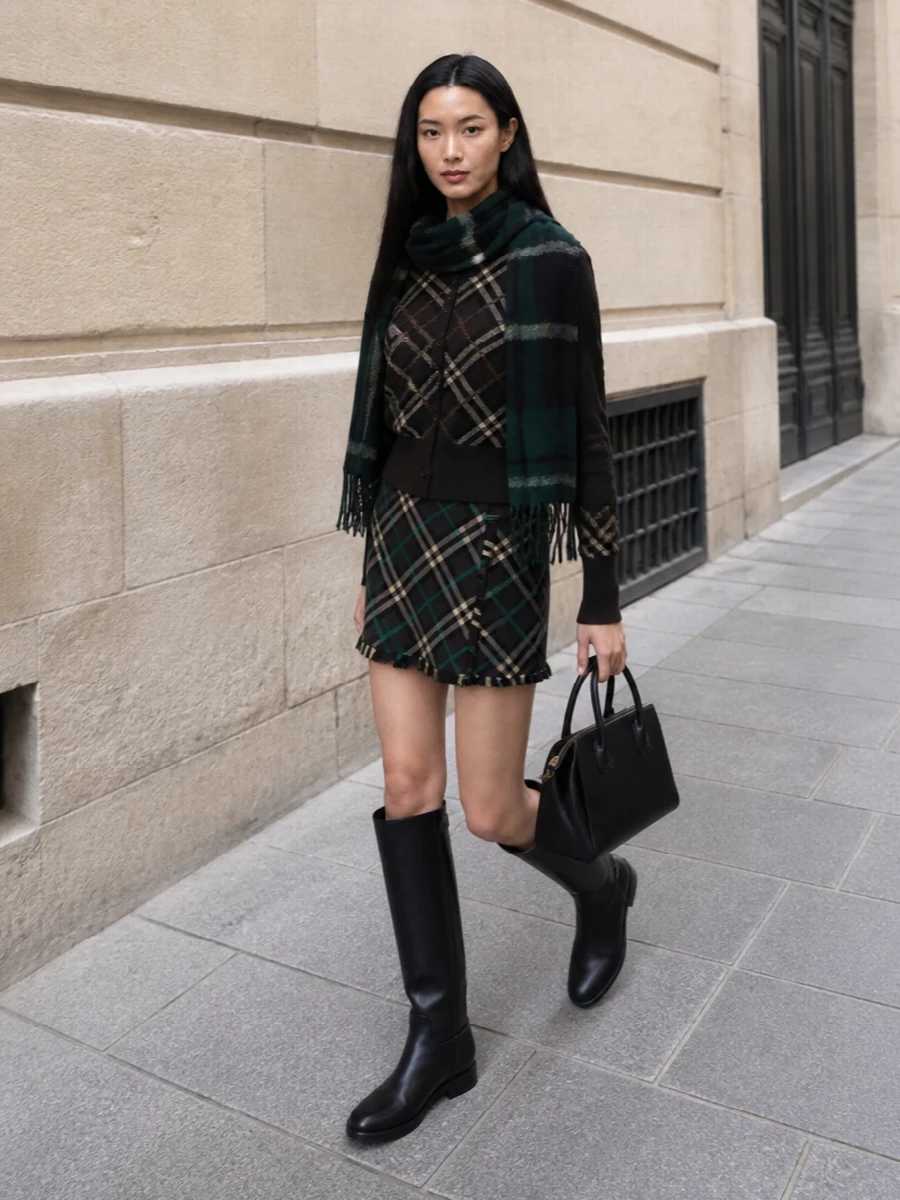 Burberry check mini skirt outfit riding boots