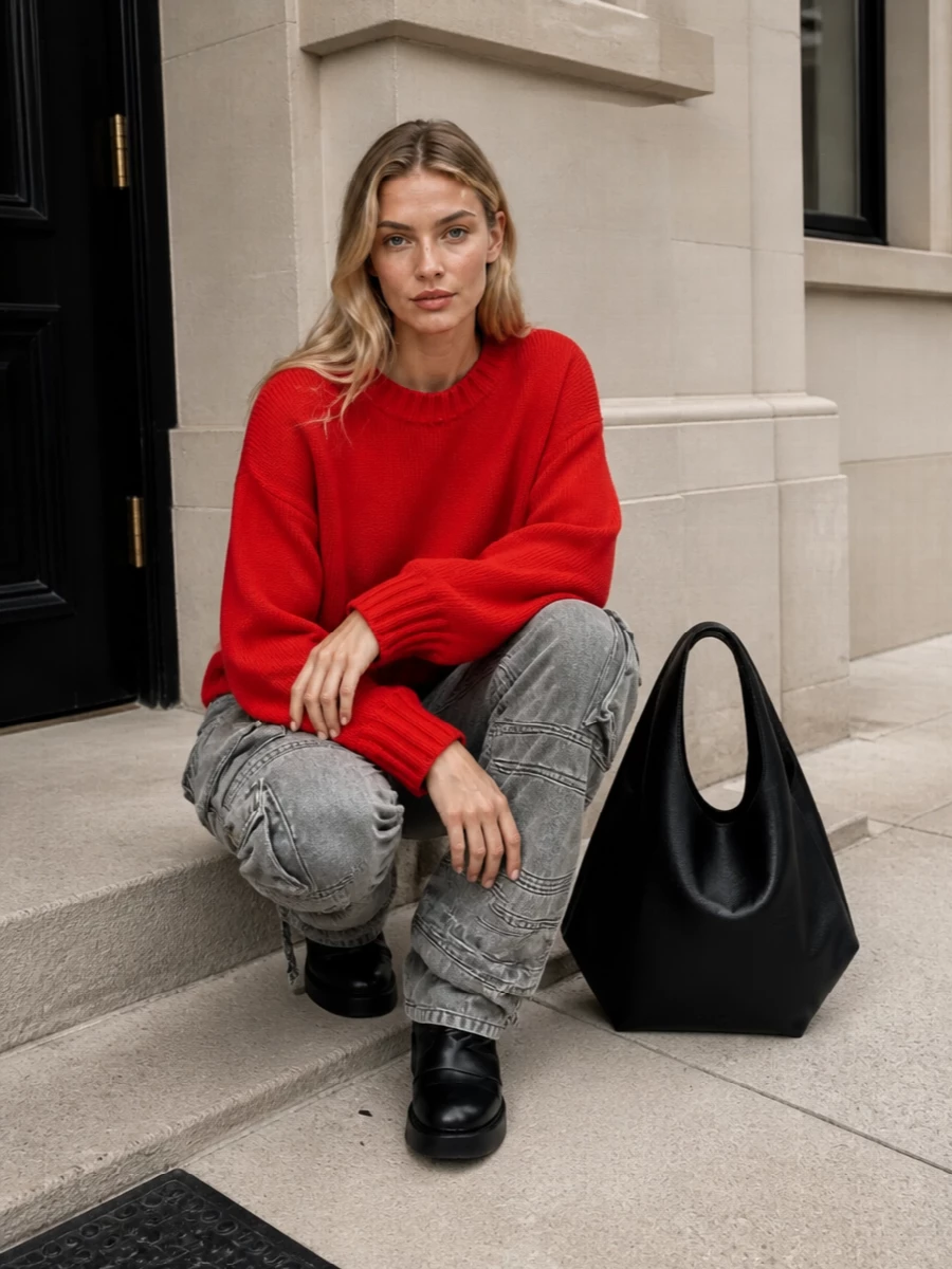 Vivid red meets washed charcoal in a quietly assertive city set, with the oversized knit playing against the stacked cargo jean for controlled volume. Sculptural black accessories keep everything grounded and minimal, turning off-duty pieces into something sharply intentional for day-to-night streets.