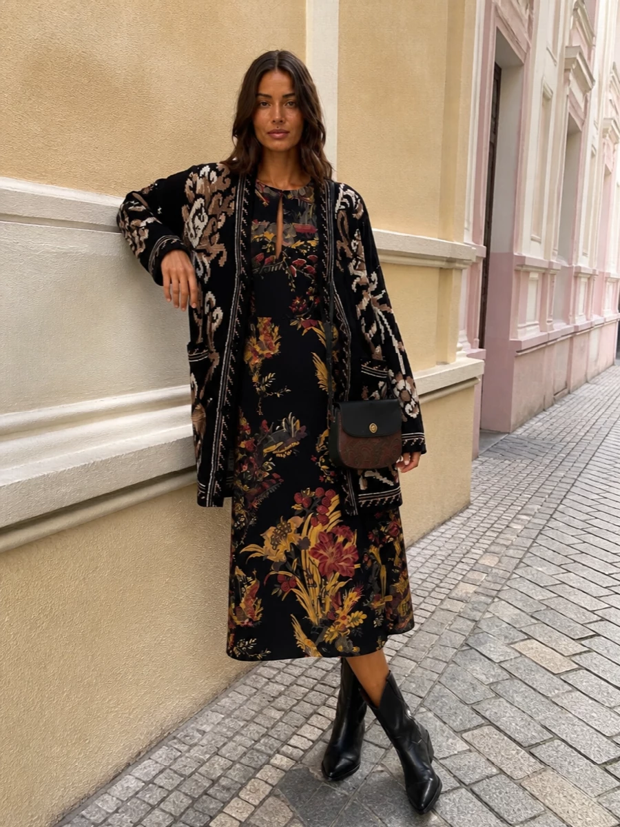 Etro cardigan black printed midi dress outfit