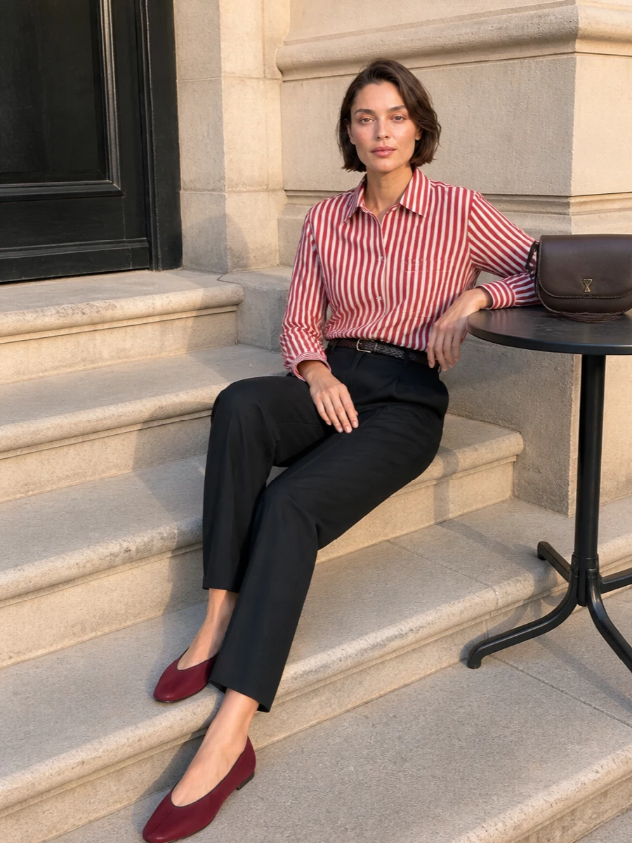 Ami’s striped shirt is paired with sharp black pleated trousers for a neat, vertical line that feels polished yet relaxed. Deep burgundy flats and chocolate accessories warm the palette, keeping everything tonal around the brick and cream. The result is a quietly confident city outfit with just enough color to feel personal but not loud.