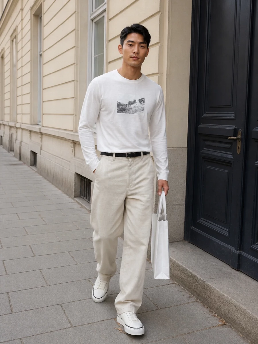 Jacquemus white tee beige trousers outfit