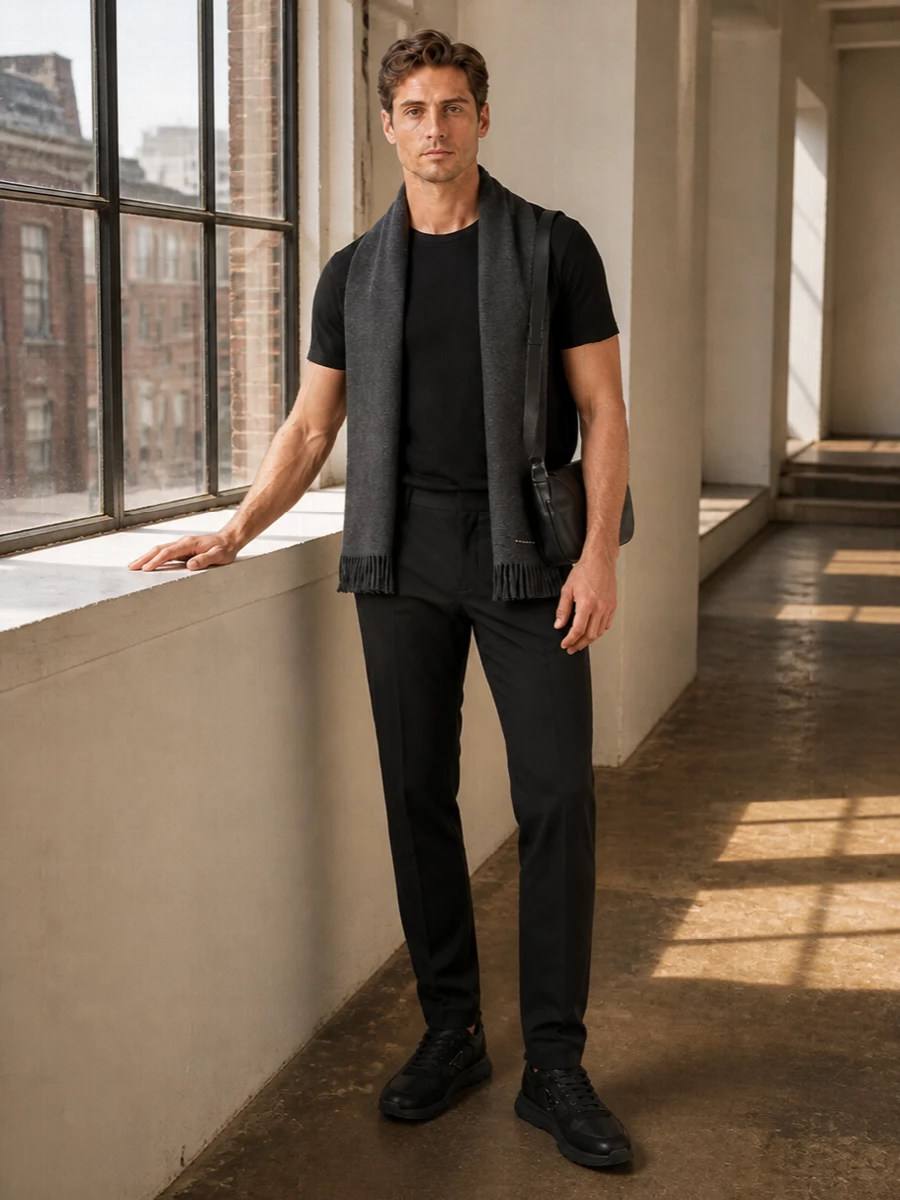 Prada trouser sneaker outfit black cashmere tee