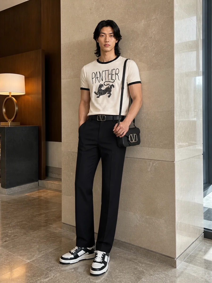 Valentino panther tee black trousers outfit