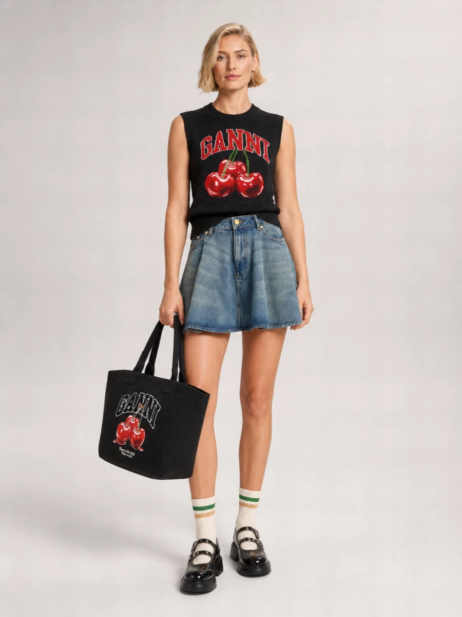 Ganni Wool Ribbed Sleeveless Cherry-Print Knitted Vest