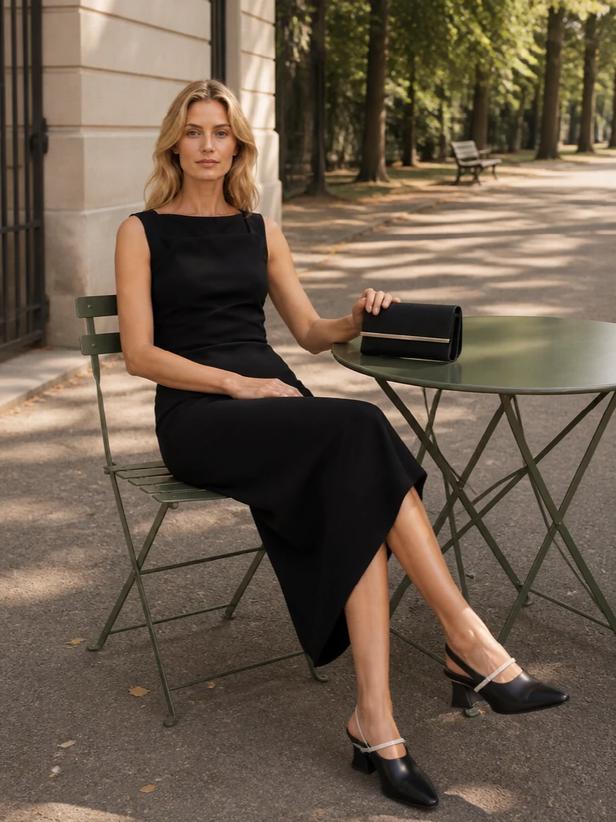 A sculpted Bottega Veneta midi and the razor-sleek McQueen clutch create a focused black evening ensemble that feels precise rather than fussy. The asymmetric hem and clean neckline give just enough movement, while the Jil Sander slingbacks finish the line with quiet, architectural polish. Choosing the single dress route keeps the silhouette pure and lets texture and cut do all the work, instead of breaking the body with separate top and trouser lines.