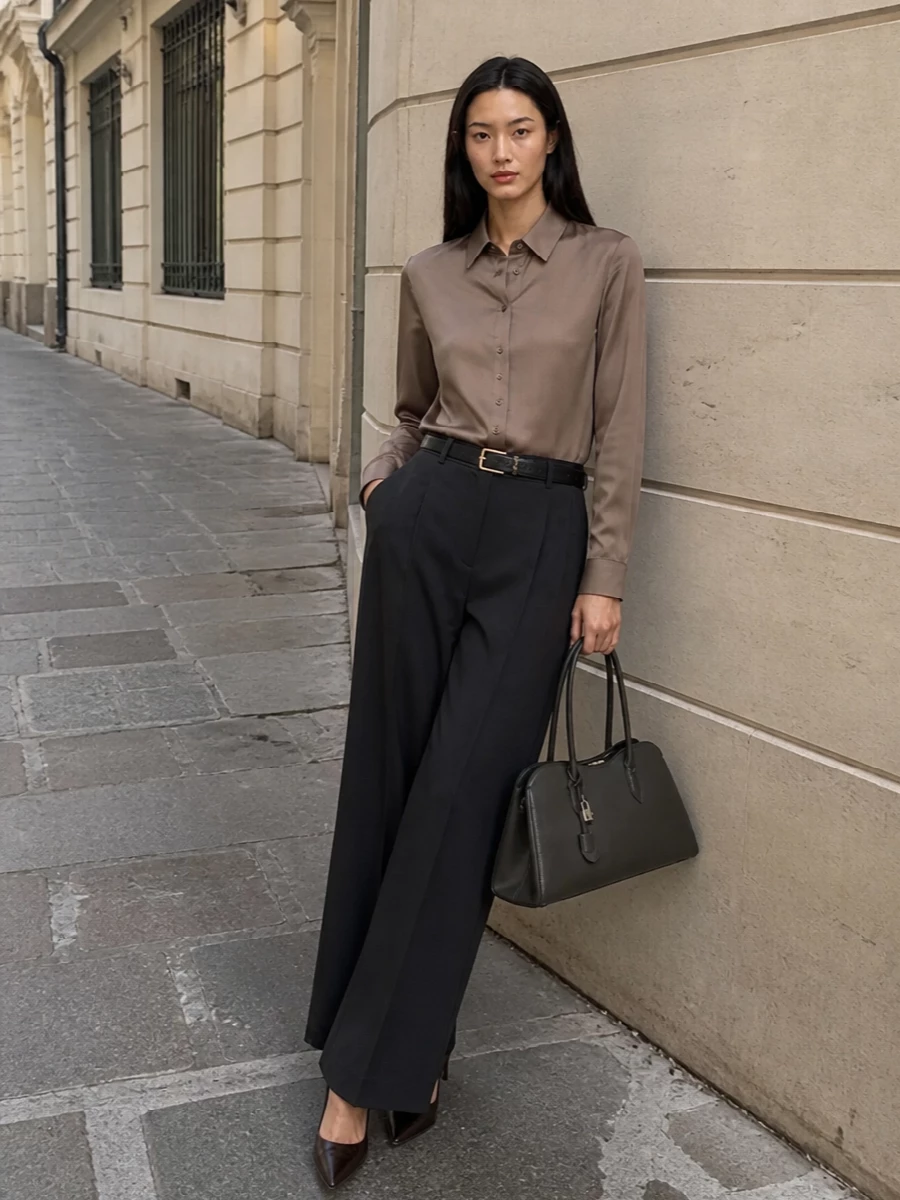 Max mara taupe shirt wide leg trousers outfit