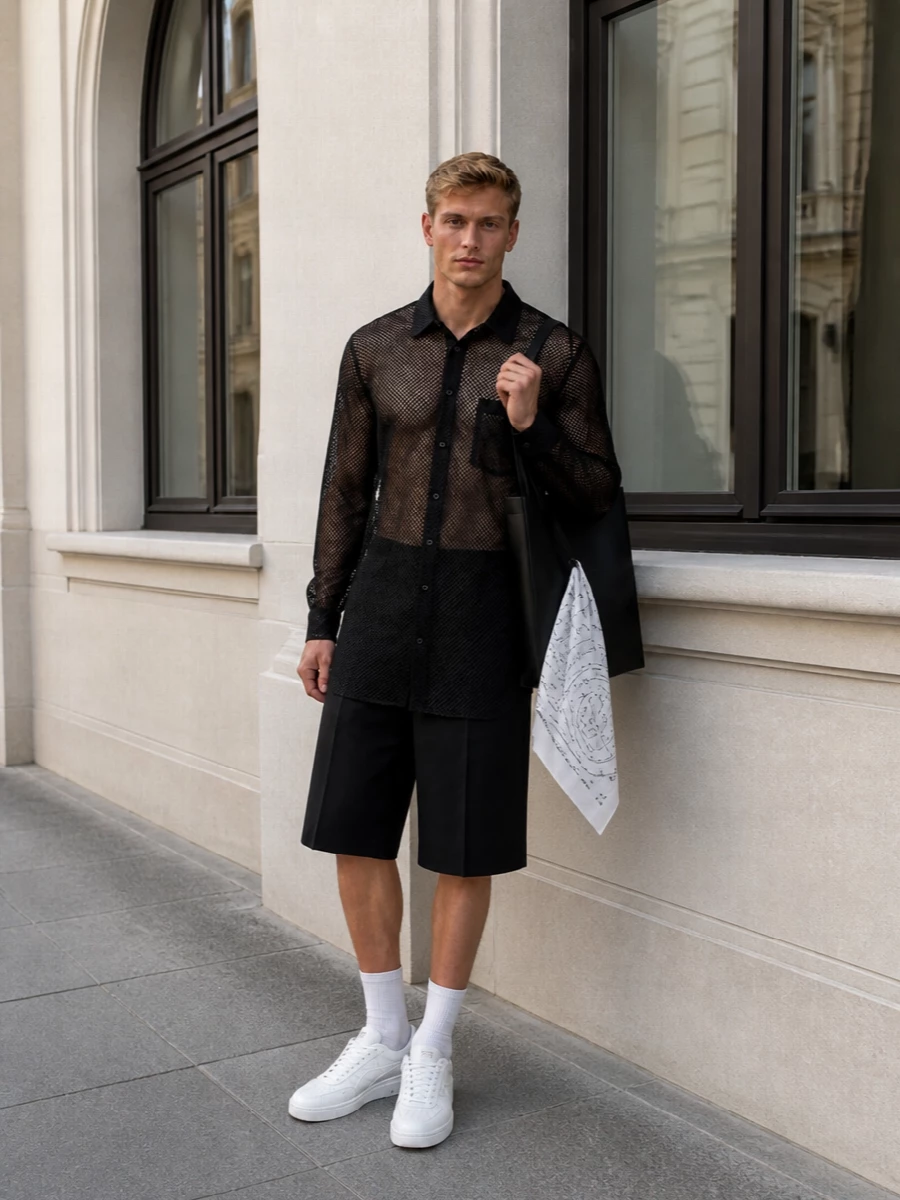 A sheer, longline shirt sits over tailored black knee-length shorts, giving a precise yet subversive monochrome frame. Streamlined white sneakers and a graphic black tote keep the mood clean and urban while letting the transparency and proportions do the talking. The scarf adds a faintly occult note that softens the sharpness without diluting it.