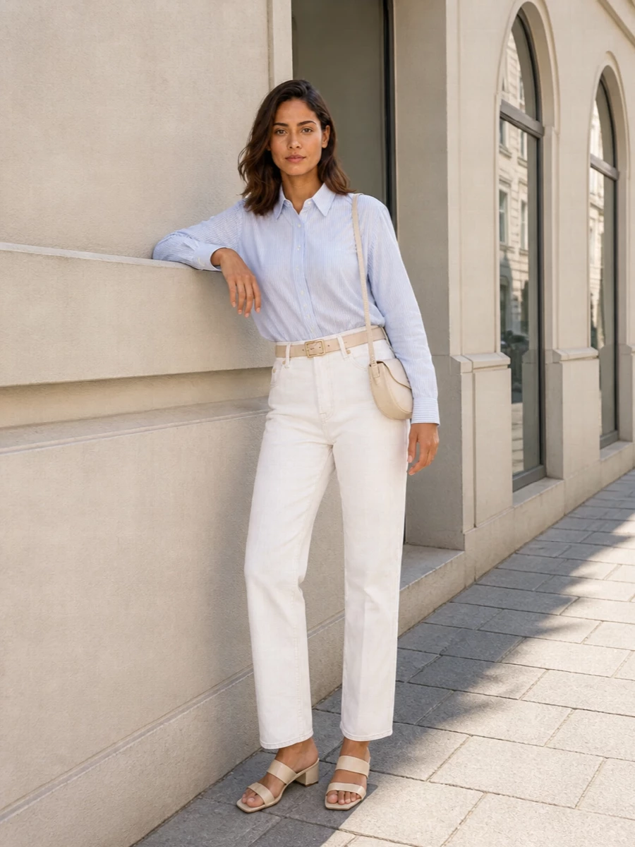 Off-white straight denim paired with a pale-blue A.P.C. stripe and buttercream accents creates a clean, sunlit take on city tailoring. The relaxed boxy shirt and structured belt keep proportions sharp while the small shoulder bag and low block-heel mule finish it with easy, modern polish. It is a quietly confident outfit for days that move from desk to terrace without a change.