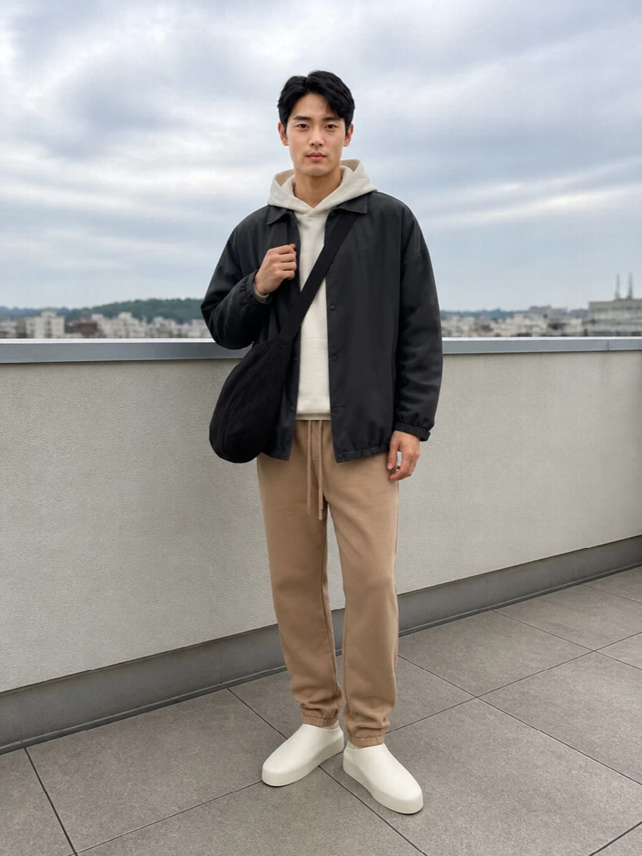 Fear of god coach jacket camel joggers outfit