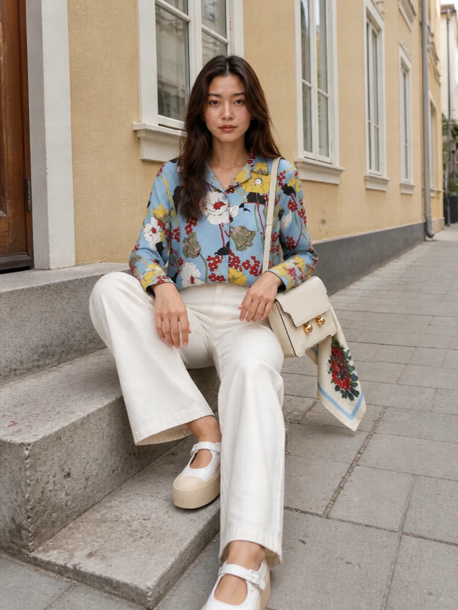 Marni floral shirt ivory wide leg trousers outfit
