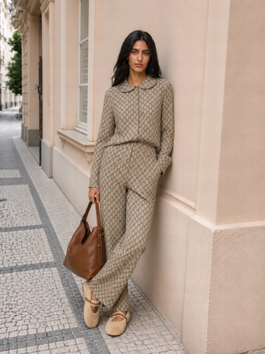 A head‑to‑toe Gucci lounge set in warm GG monogram wraps around the shearling Mary Janes, keeping the palette buttery and the mood cocooning. The wide-leg pant and relaxed shirt play with volume in a way that still feels neat, while the caramel hobo quietly bridges home comfort and stepping out for coffee. Opting for separates over a dress keeps the outfit aligned with the slippers’ indulgent, at‑home spirit and lets the texture of the shoes stay the focal point.
