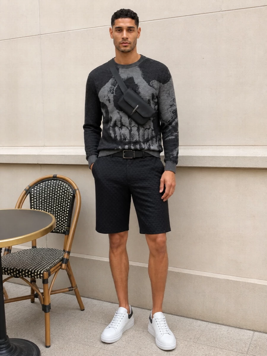 Mcqueen skull sweater black shorts sneakers