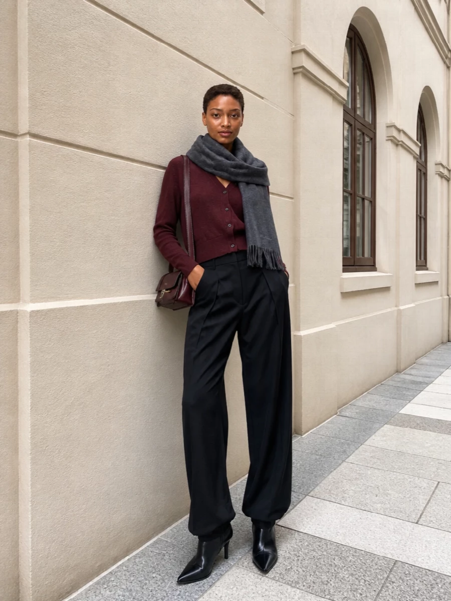 A deep burgundy V-neck knit meets relaxed black wide-leg tailoring for a quiet, elongated line that feels considered without trying. Black pointed ankle boots sharpen the volume below, while a structured burgundy shoulder bag and charcoal scarf fold in tonal depth and city polish for cooler days.
