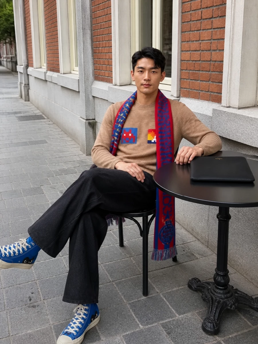 Comme des garcons camel sweater wide black trousers