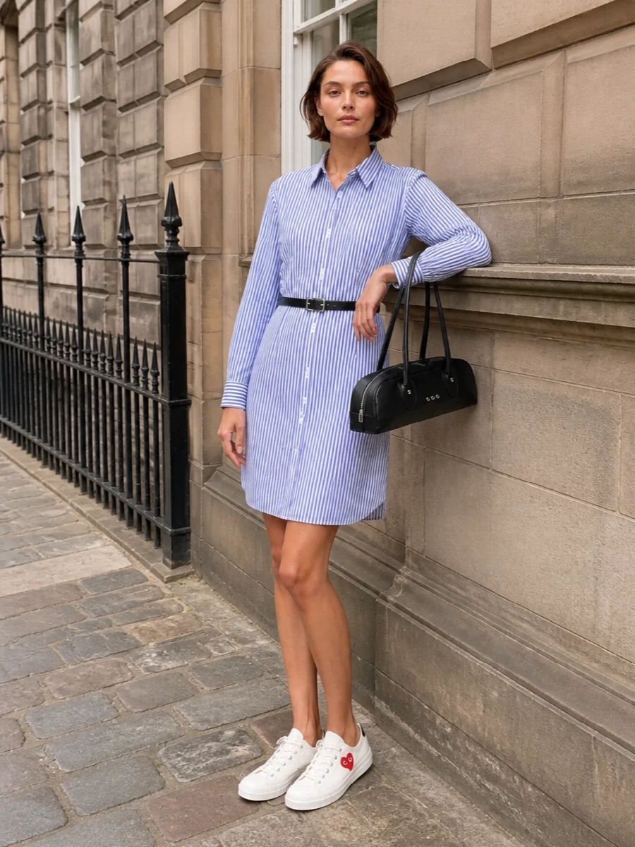 Comme striped shirt dress with sneakers