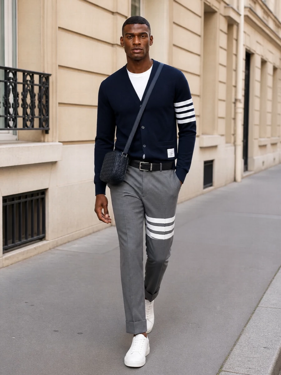 This look leans into Thom Browne’s collegiate quiet luxury: the navy four‑bar cardigan paired with the mid‑grey four‑bar tailored trouser creates a sharp, graphic uniform in a soft SS palette. Clean white low‑top sneakers relax the tailoring without losing refinement, while the navy intrecciato crossbody and slim black belt add subtle texture and structure for a considered, city‑ready finish.