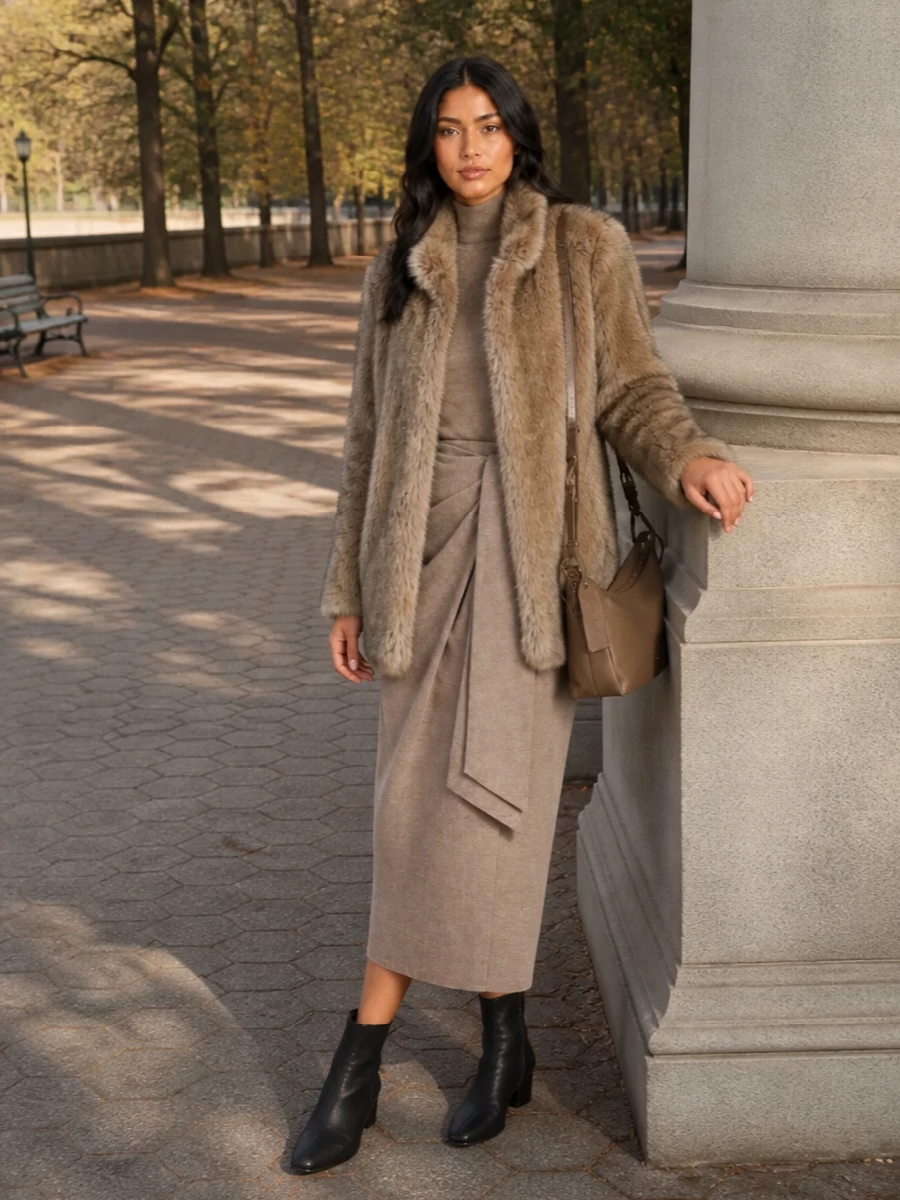 I’m taking the dress route here, because the slim taupe knit column under the faux-fur coat creates one continuous, elongated neutral line that feels quietly expensive and very city-ready. The black textured ankle boots and softly structured taupe shoulder bag bring just enough structure to balance all the softness, so the outfit reads composed rather than cozy-only. It is the kind of winter uniform that can move from office to late dinner with only a jewelry tweak.